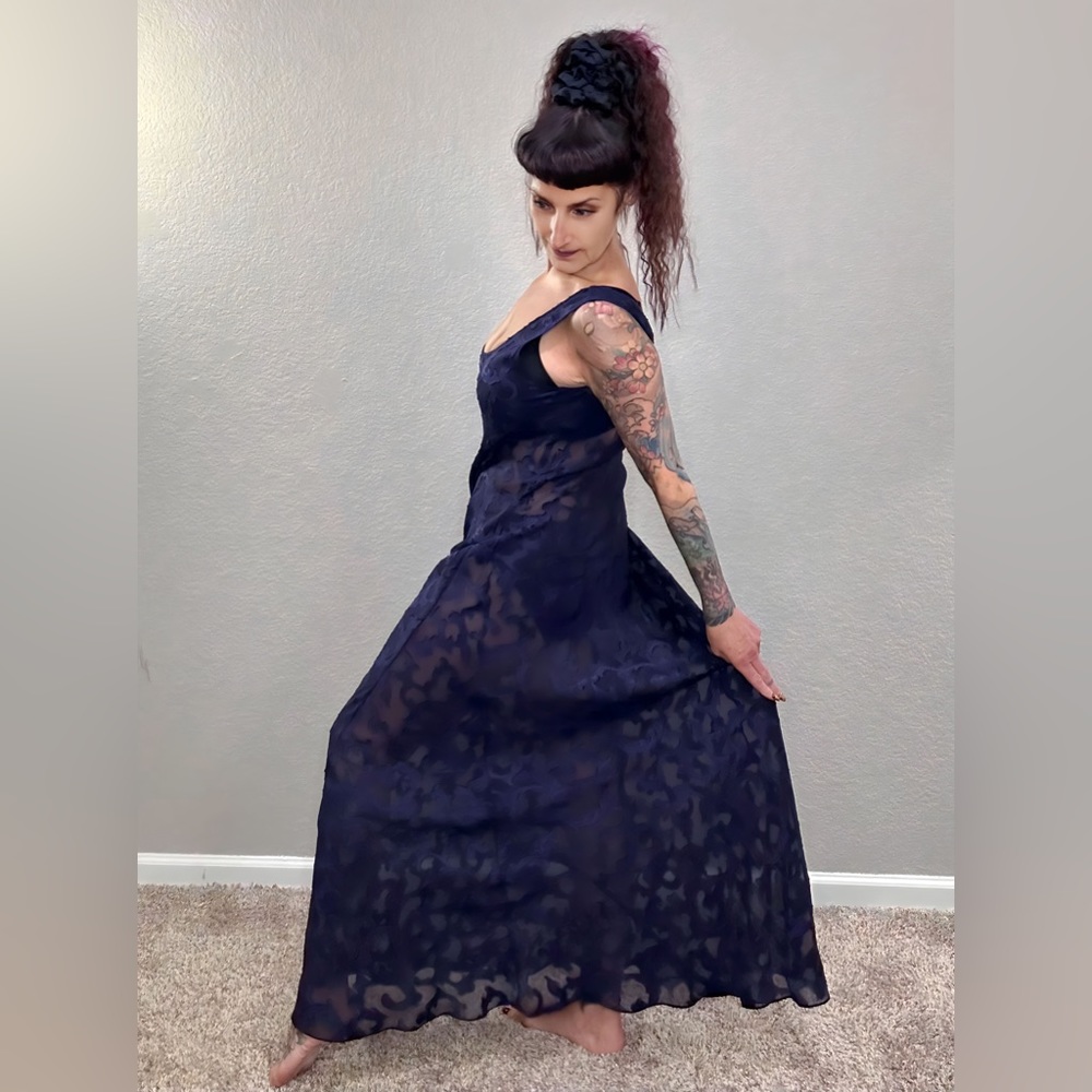 90s Victoria Secret Mina Dark Purple Sheer Maxi Nightgown Slip Dress Lingerie M - Picture 8 of 16
